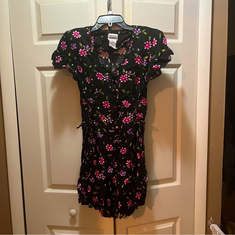 Vintage 90s Basic Editions Black Floral Romper